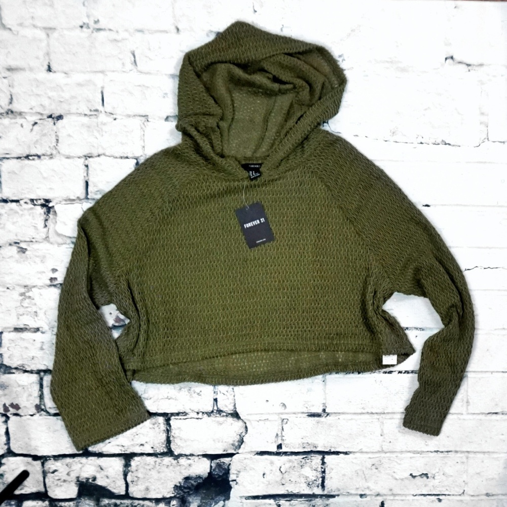 Forever 21 Olive Knit Mesh Crop Top w/ Hood